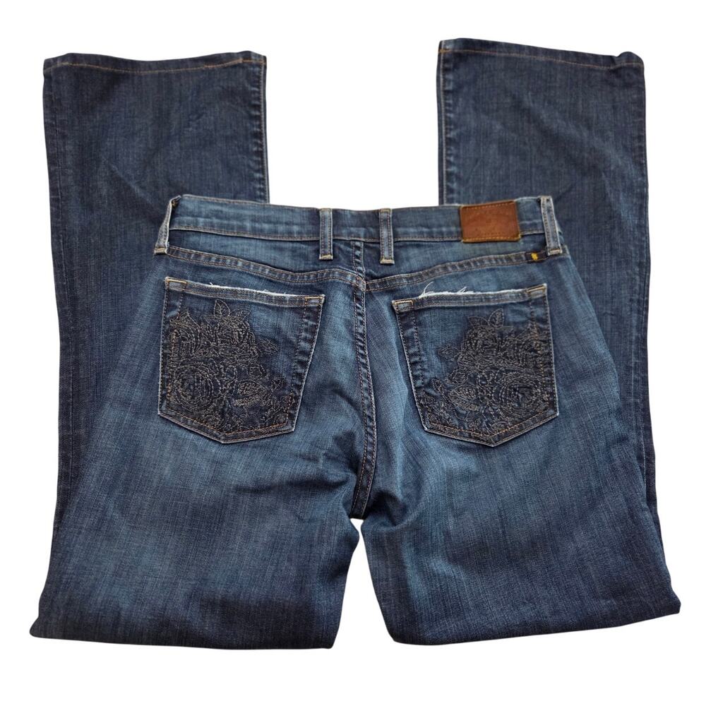 Lucky Brand Sweet N Low Boot Cut Sz 6 Dark Blue Embroidered Pockets Flare